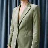 Polyester Stretch Velvet Fabric, 250 gsm, 185 cm — Khaki — mockup: dress bodycon