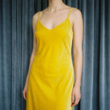Polyester Cotton Stretch Velvet Fabric, 280 gsm, 165 cm — Yellow — mockup: dress bodycon