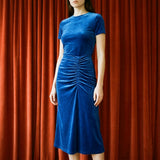 Polyester Stretch Velvet Fabric, 310 gsm, 160 cm — Blue — mockup: dress bodycon