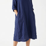 100% Polyester Linen-Look Fabric, 115 gsm, 147 cm — Navy — mockup: dress bodycon