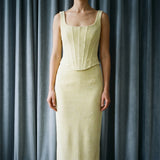 Cotton Polyester Stretch Velvet Fabric, 285 gsm, 160 cm — Yellow — mockup: dress bodycon