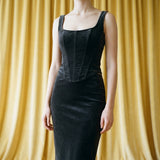 Polyester Stretch Velvet Fabric, 280 gsm — Grey — mockup: dress bodycon