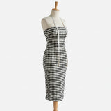 Plaid Polyester Stretch Crepe Fabric, 120 gsm, 160 cm — Multi — mockup: dress bodycon
