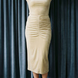 Polyester Stretch Velvet Fabric, 250 gsm, 190 cm — Beige — mockup: dress bodycon