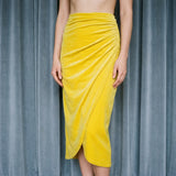 Polyester Stretch Velvet Fabric, 240 gsm, 170 cm — Yellow — mockup: dress bodycon