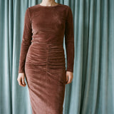 Polyester Cotton Stretch Velvet Fabric, 338 gsm, 184 cm — Brown — mockup: dress bodycon