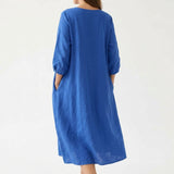 100% Polyester Linen-Look Fabric, 160 gsm, 160 cm — Blue — mockup: dress bodycon