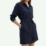 100% Polyester Linen-Look Fabric, 120 gsm, 150 cm — Navy — mockup: dress bodycon