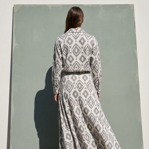 Grey Geometric-Ikat Jersey Knit, Polyester