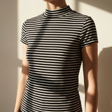 Black Horizontal-Stripe Jersey Knit, Viscose, 194 gsm