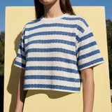 Blue Horizontal-Stripe Jersey Knit, Polyester, 218 gsm