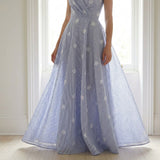 Blue Vertical-Stripe Lace, Polyester