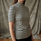 Navy Horizontal-Stripe Jersey Knit, Poly-Viscose, 180 gsm, 155 cm
