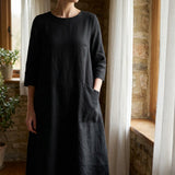 Polyester Stretch Linen-Look Fabric, 358 gsm — Black