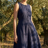 Polyester Viscose Stretch Linen-Look Fabric, 215 gsm — Navy