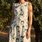 Blue Floral Linen-Look, Polyester
