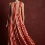 Red Vertical-Stripe Chiffon, Polyester, 121 gsm