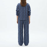 Dark Blue Vertical-Stripe Linen-Look, Polyester