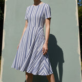 Blue Vertical-Stripe Crepe, Viscose