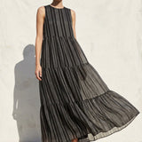 Black Vertical-Stripe Chiffon, Polyester, 83 gsm