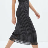 Black Vertical-Stripe Chiffon, Polyester, 87 gsm