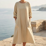 Polyester Stretch Linen-Look Fabric, 215 gsm, 165 cm — Beige