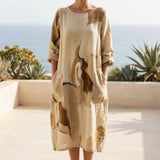 Printed Polyester Stretch Linen-Look Fabric, 215 gsm, 155 cm — Khaki