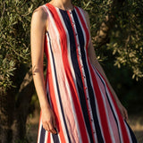 Navy Vertical-Stripe Linen-Look, Polyester