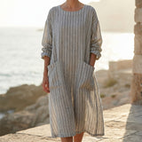 White Vertical-Stripe Linen-Look, Nylon-Cotton