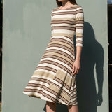 Brown Horizontal-Stripe Crepe, Cotton-Poly