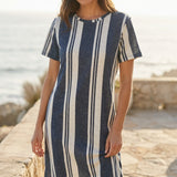 Dark Blue Vertical-Stripe Jersey Knit, Poly-Linen