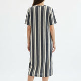 Dark Blue Vertical-Stripe Jersey Knit, Poly-Linen