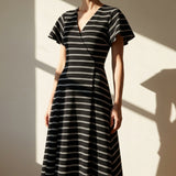 White Horizontal-Stripe Ponte Knit, Viscose-Nylon, 300 gsm
