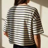 Navy Horizontal-Stripe Jersey Knit, Cotton-Modal, 200 gsm
