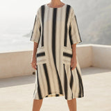 Dark Grey Vertical-Stripe Woven, Linen-Viscose