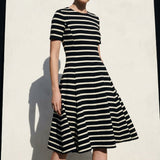 Black Horizontal-Stripe Ponte Knit, Viscose-Nylon, 340 gsm