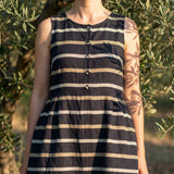 Black Horizontal-Stripe Woven, Viscose-Linen