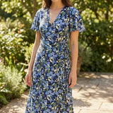 Blue Floral Crepe, Polyester, 185 gsm