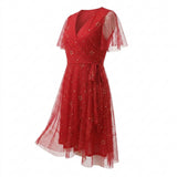 Red Glitter-Star Mesh, Polyester