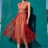 Red Glitter-Star Mesh, Polyester
