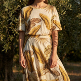 Brown Tropical-Leaf Jersey Knit, Linen-Cotton
