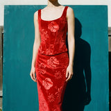 Red Tone-on-Tone Floral Velvet, Polyester