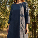Polyester Stretch Linen-Look Fabric, 294 gsm, 150 cm — Navy