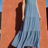 Blue Vertical-Stripe Crepe, Polyester, 116 gsm