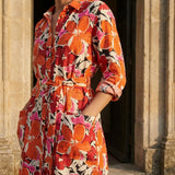 Orange Floral Linen-Look, Polyester, 260 gsm