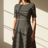 Black Horizontal-Stripe Ponte Knit, Viscose-Nylon, 270 gsm