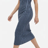 Blue Vertical-Stripe Crepe, Cotton-Nylon
