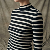Navy Horizontal-Stripe Rib Knit, Cotton-Modal