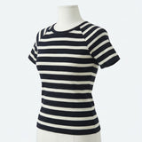 Navy Horizontal-Stripe Rib Knit, Cotton-Viscose