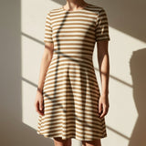 Brown Horizontal-Stripe Waffle Knit, Nylon-Spandex